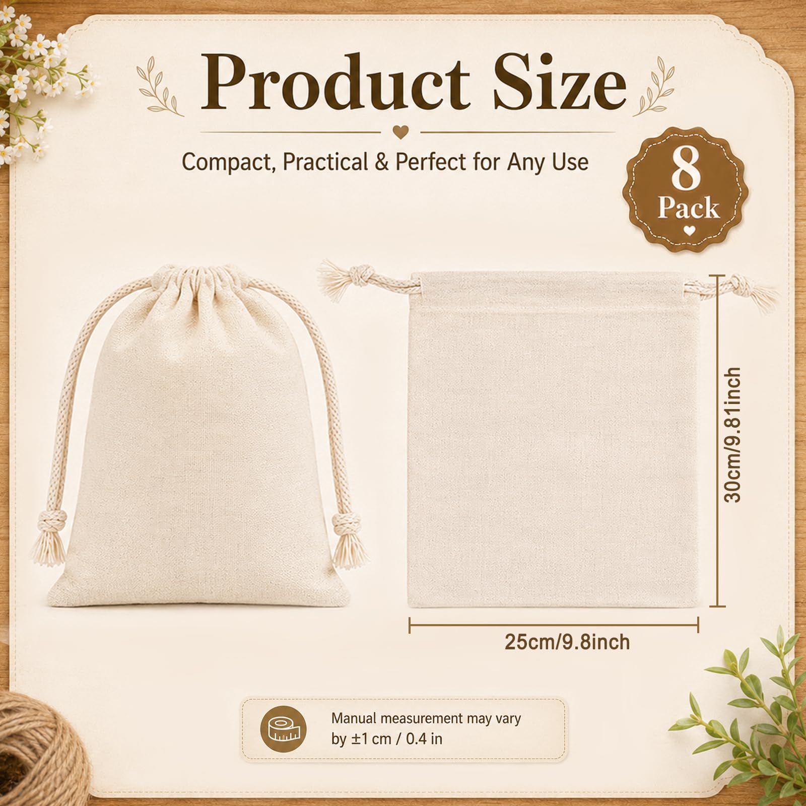 Quelcc Stoffa Sacchetti Cotone 25x30 cm Set 8 Pezzi Naturali