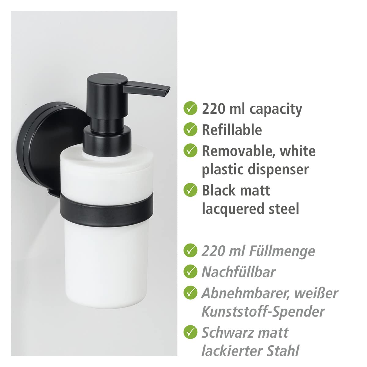 Wenko Pavia Static-Loc Plus dispenser sapone nero 220 ml