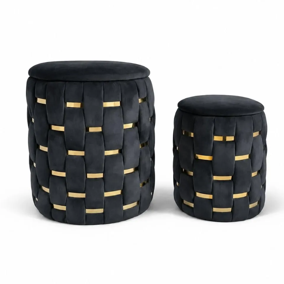 Cecaro Group Set 2 Pouf Contenitore Velluto Nero Salvaspazio