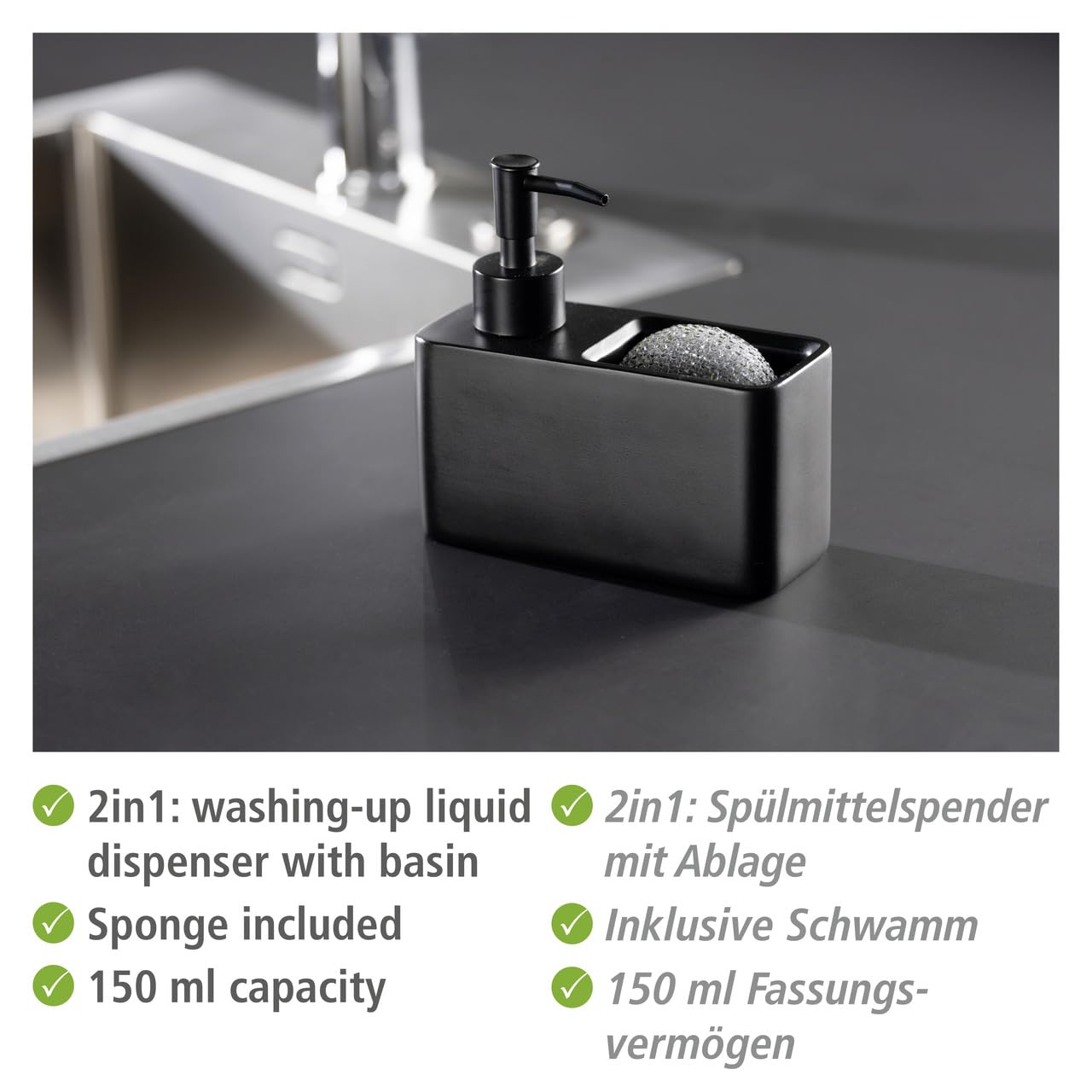 Wenko Resa dispenser detersivo 150 ml nero con spugna