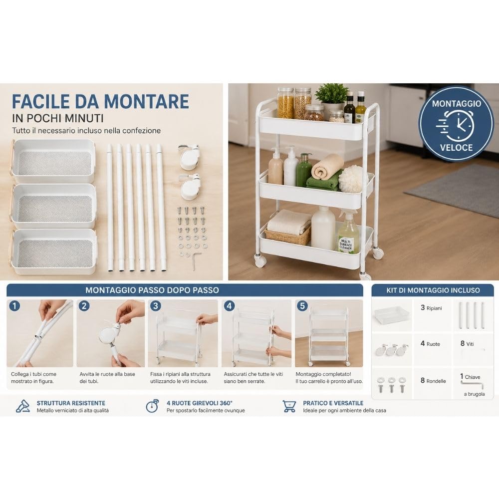 Cecaro Group Carrello 3 Ripiani Metallo Verde Salvia 45x30x78 cm