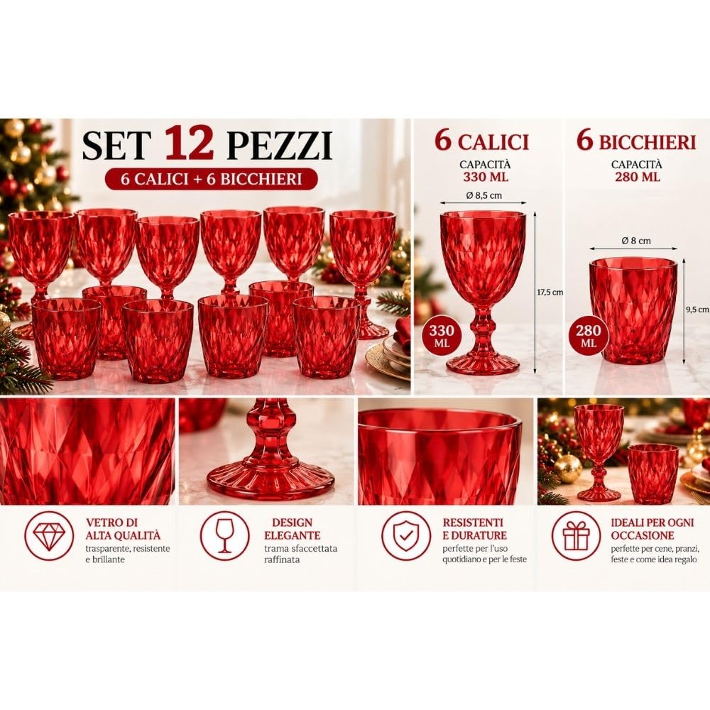 Cecaro Group Set Bicchieri Rossi Diamante 12 Pezzi Vetro
