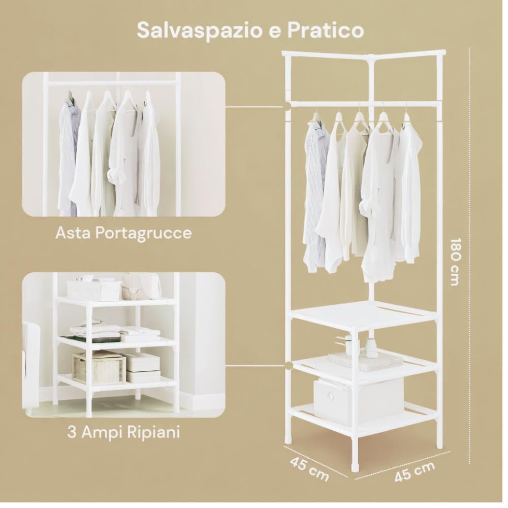 Cecaro Group Angolare appendiabiti 180x45x45 cm bianco 3 ripiani