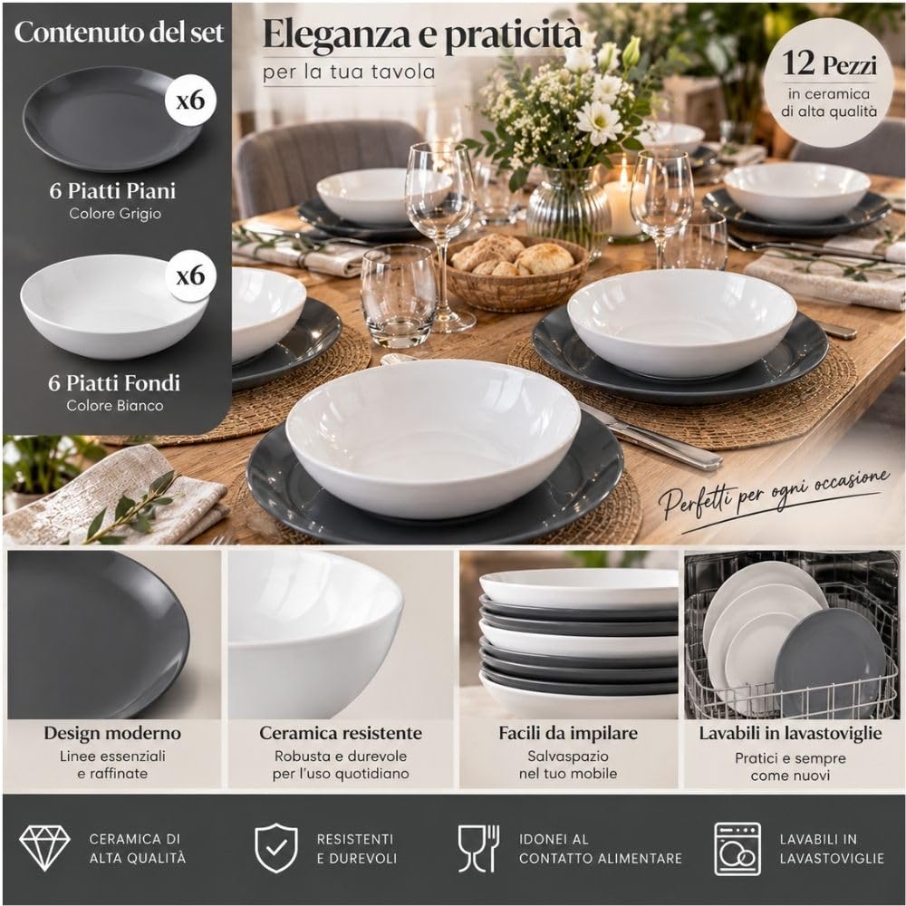 Cecaro Group servizio piatti ceramica 12 pezzi bianco e grigio