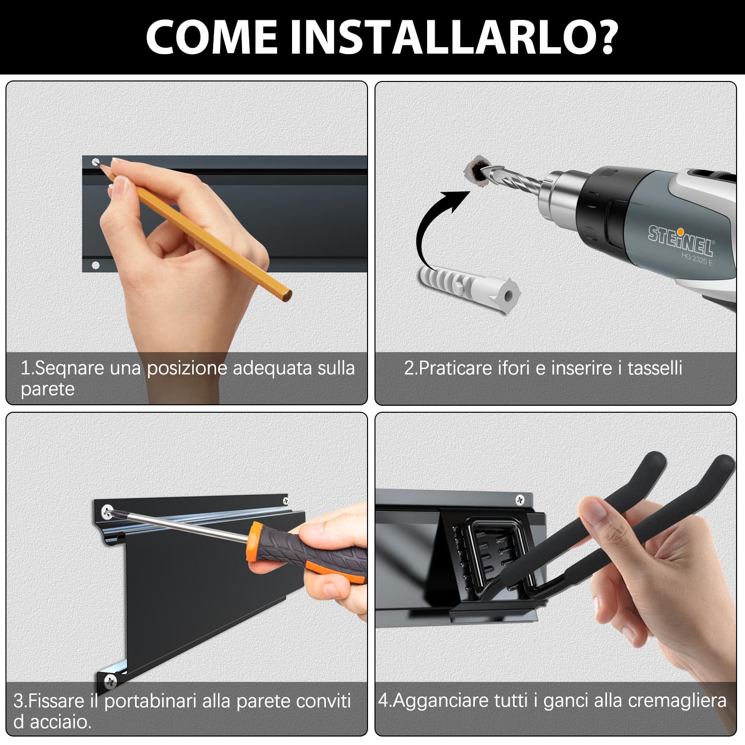 3-H porta attrezzi parete 120 cm acciaio inox 14 ganci