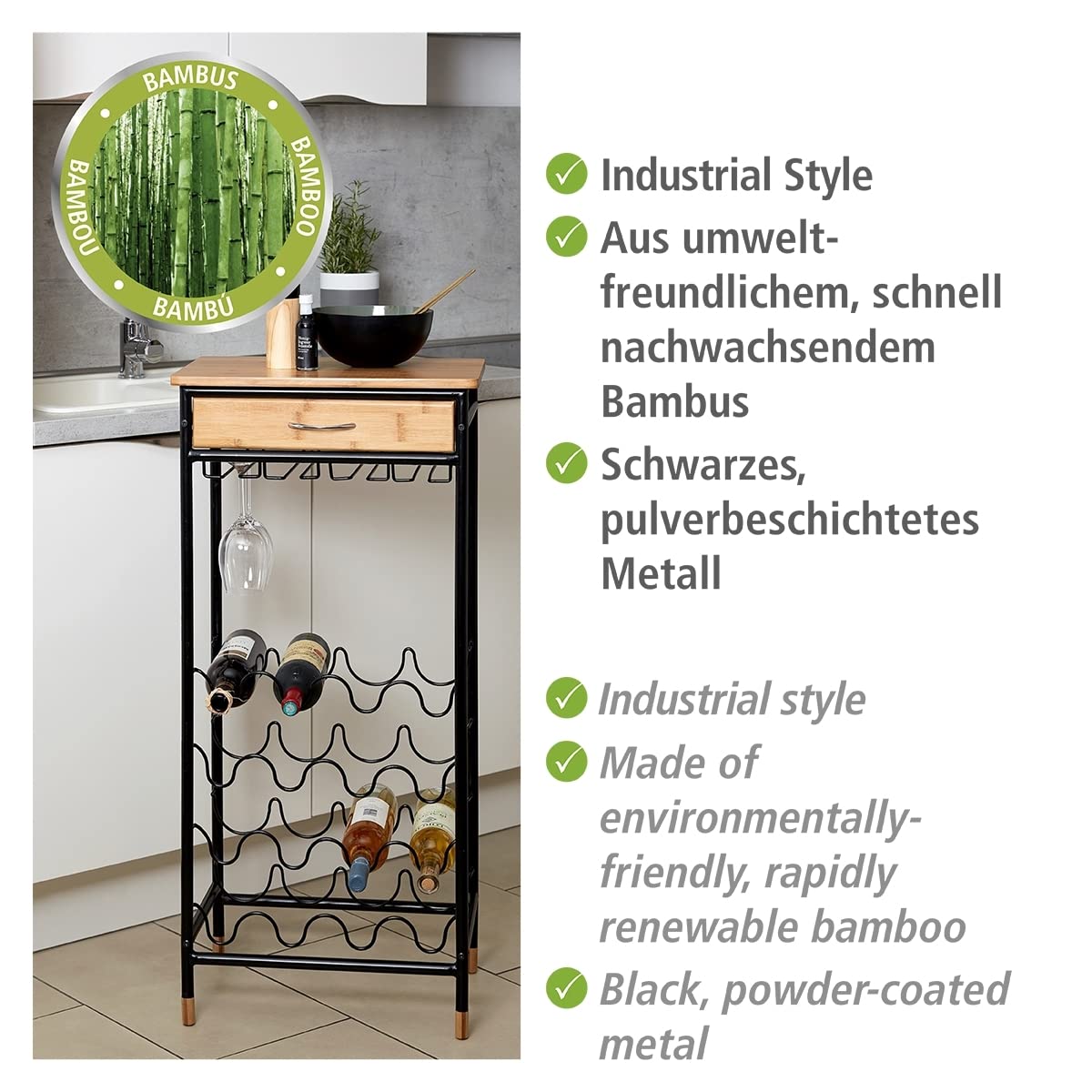 Wenko Loft portabottiglie 16 bottiglie bambù con bicchieri