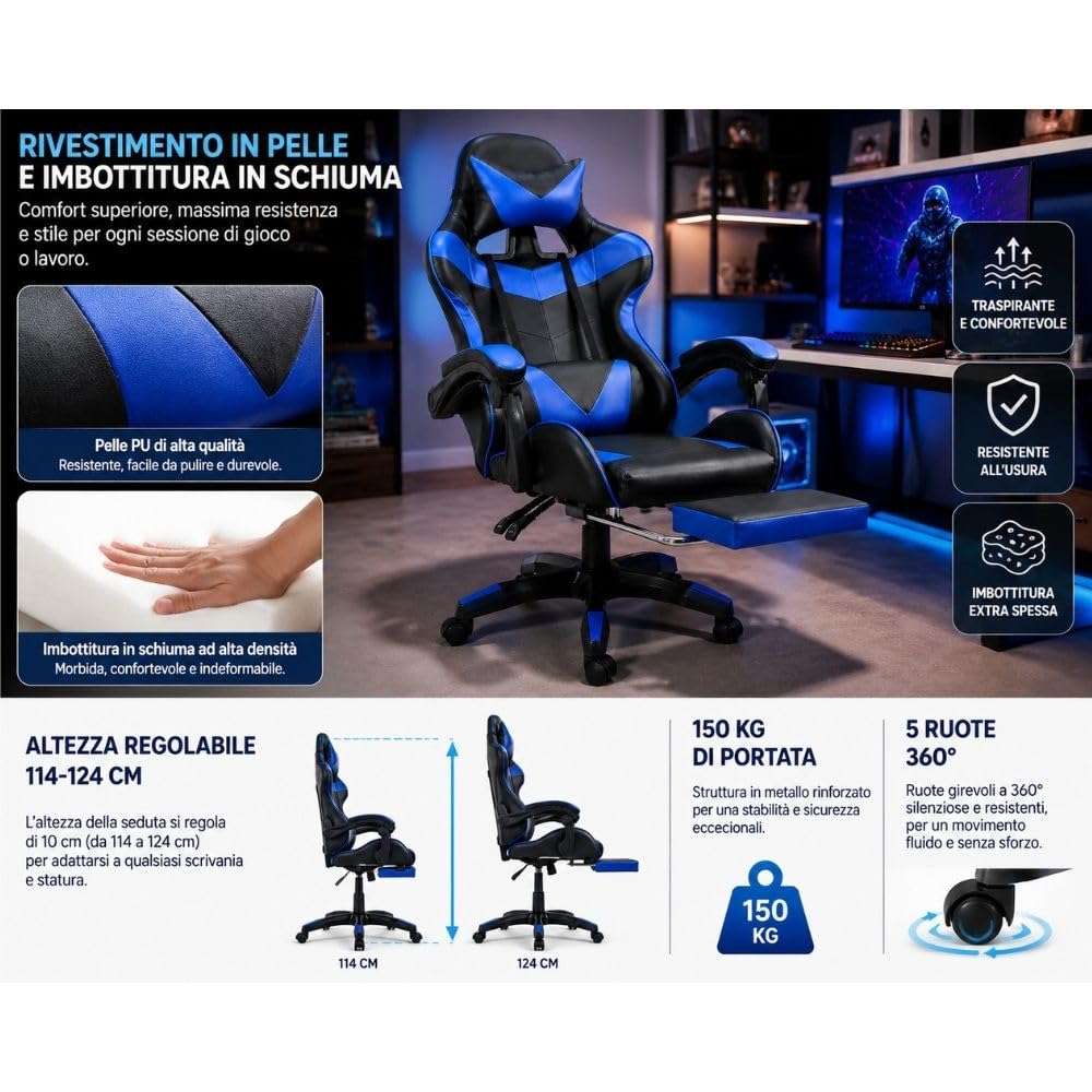 Cecaro Group Sedia Gaming Rosso Nero Reclinabile 150 kg