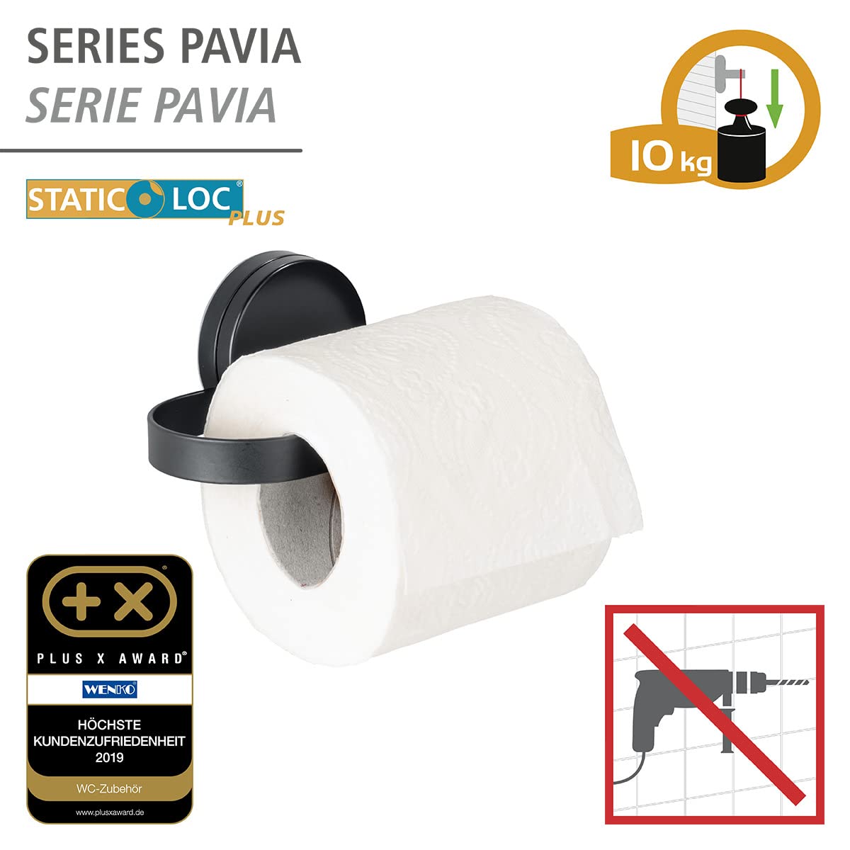 Wenko Pavia Static-Loc Plus portarotolo nero senza forare