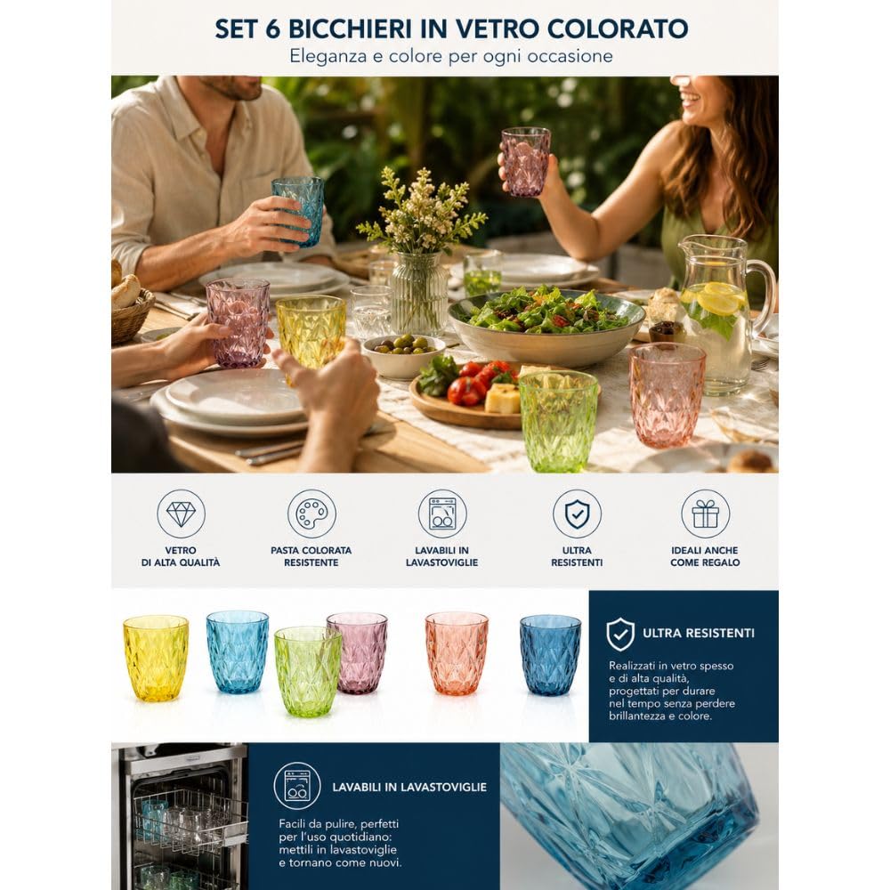 Cecaro Group Diamante Set 6 bicchieri 250 ml colorati