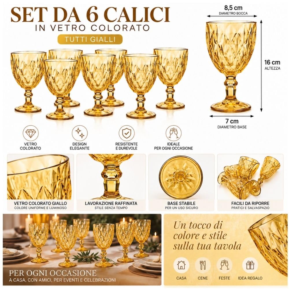 Cecaro Group Set 6 Calici Gialli 340 ml in vetro con gambo