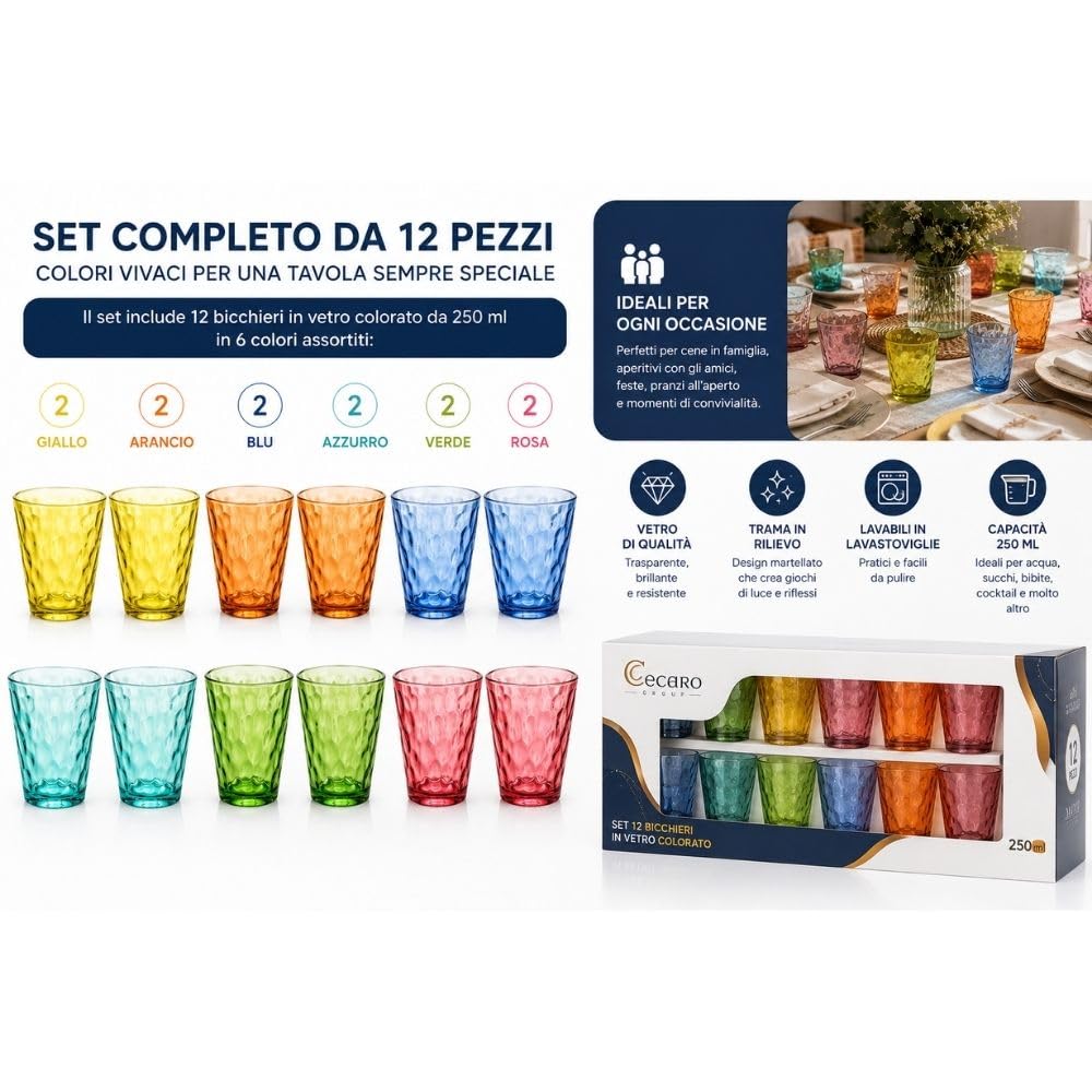 Cecaro Group Set 12 Bicchieri Vetro Colorato 250 ml Martellato