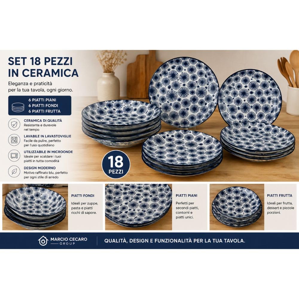Cecaro Group Servizio Piatti 18 Pezzi Ceramica Blu 6 Persone