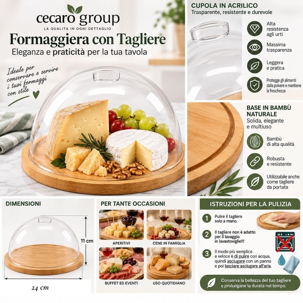 Cecaro Group formaggiera bambù 24 cm con cupola acrilico