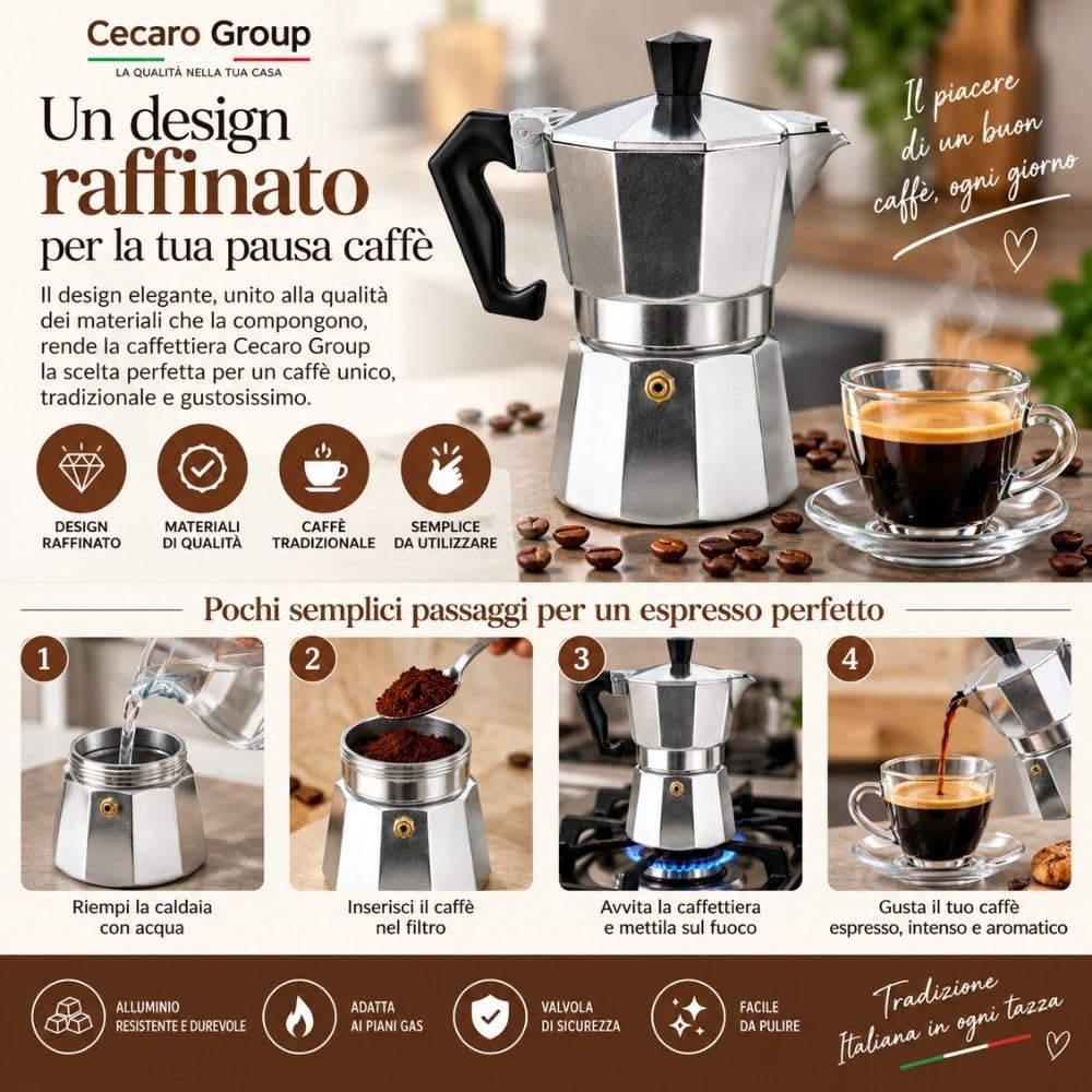 Cecaro Group Moka Alluminio Gas 2-3 Tazze Antigoccia