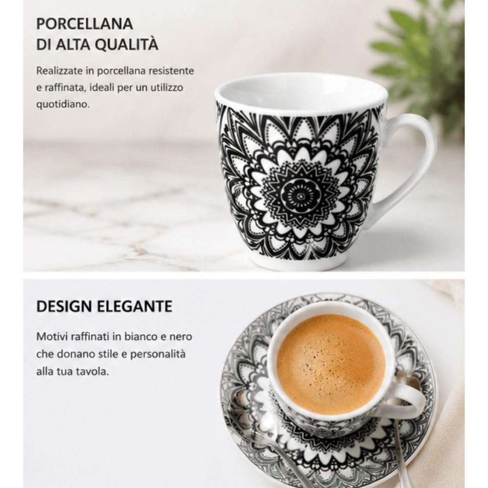 Cecaro Group tazzine caffè porcellana 90 ml set 6 decoro nero