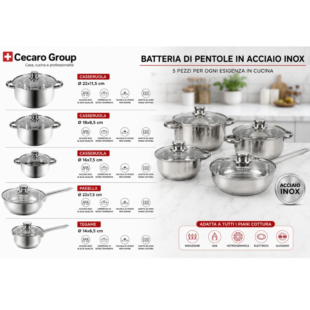Cecaro Group Batteria Pentole 10 Pezzi Acciaio Inox Induzione