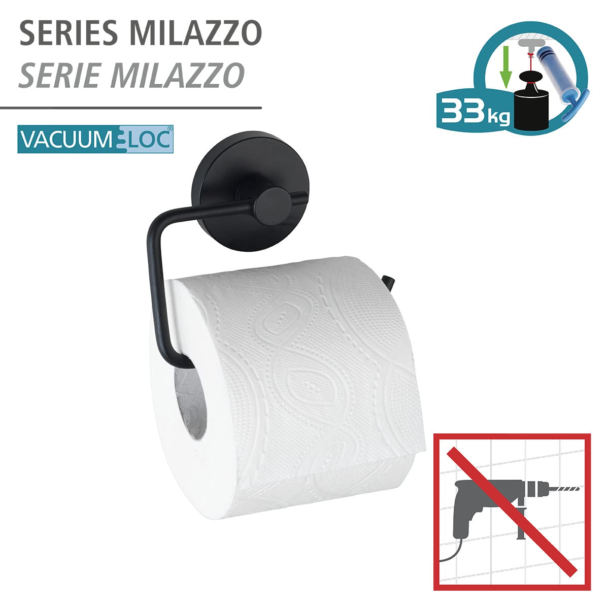 Wenko Milazzo Vacuum-Loc portarotolo nero senza fori
