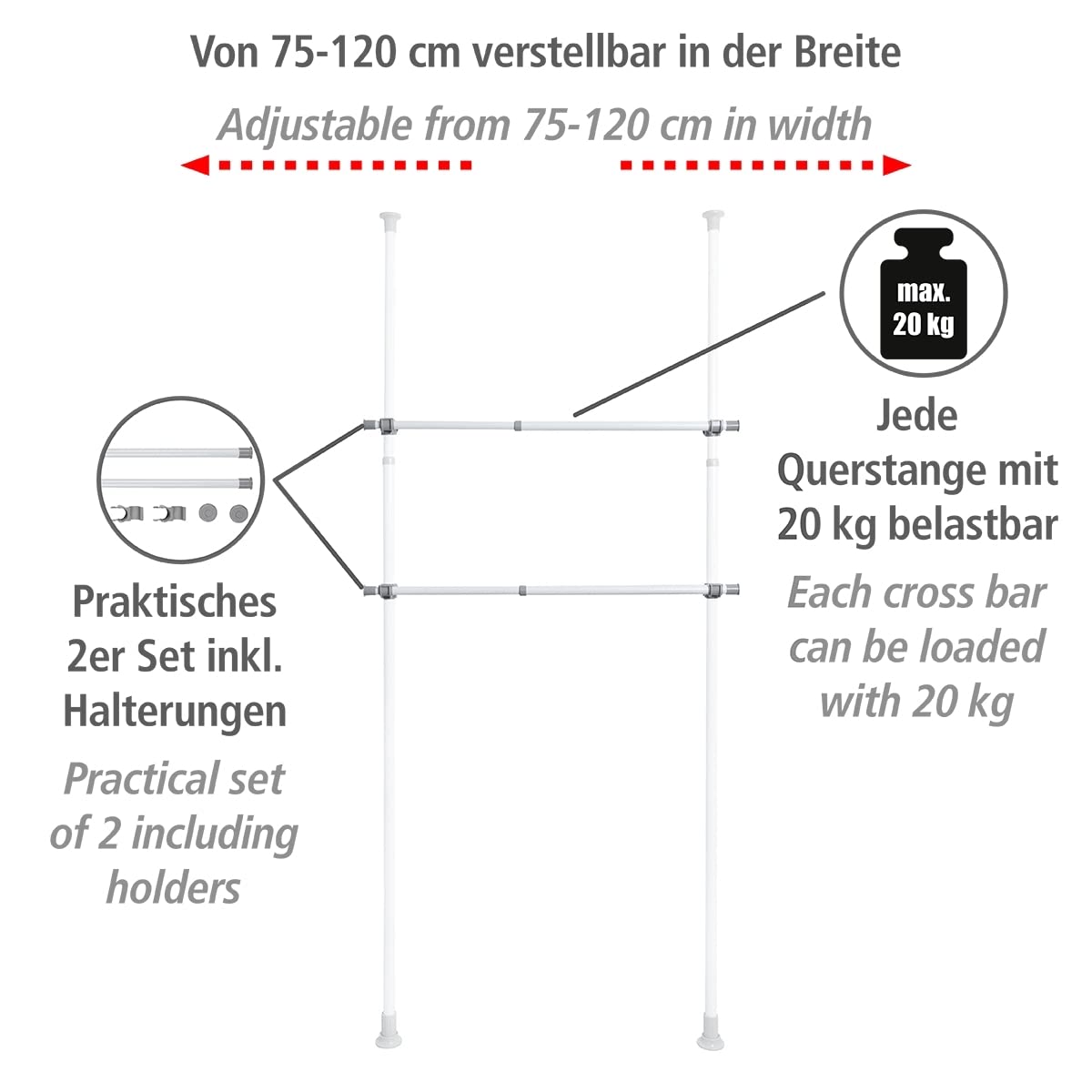 Wenko Herkules asta armadio telescopica 75-120 cm bianco/grigio