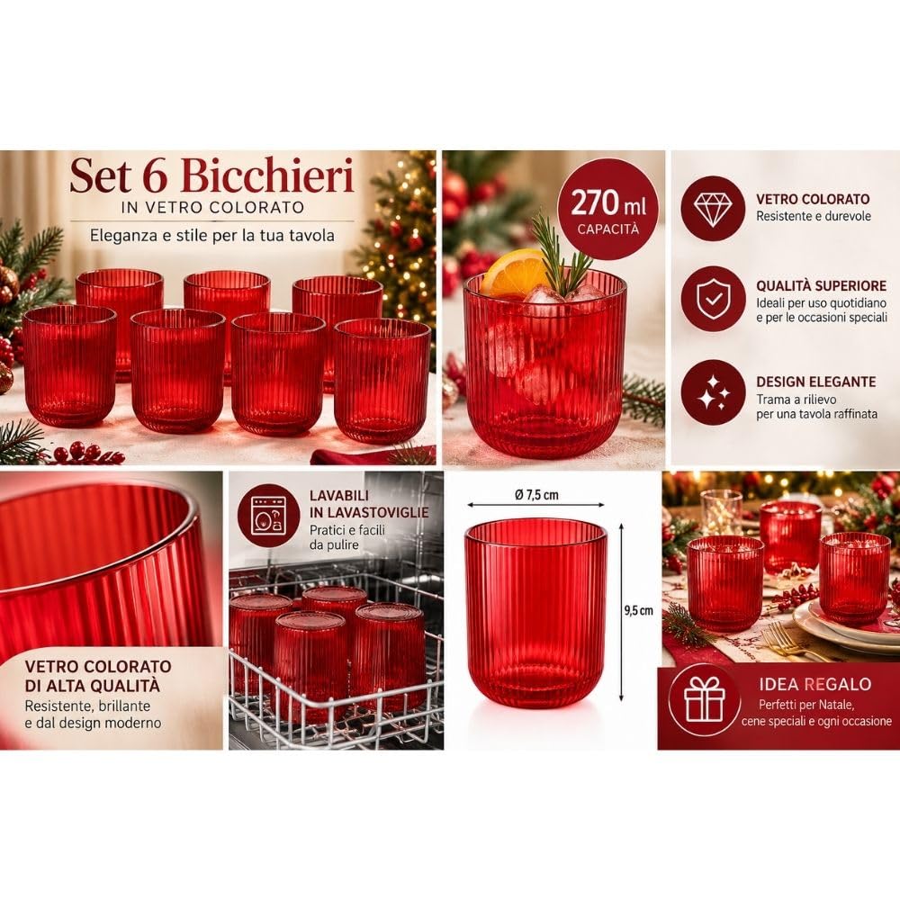 Cecaro Group Rossi Rigati Servizio Bicchieri Vetro Set 18 Pezzi