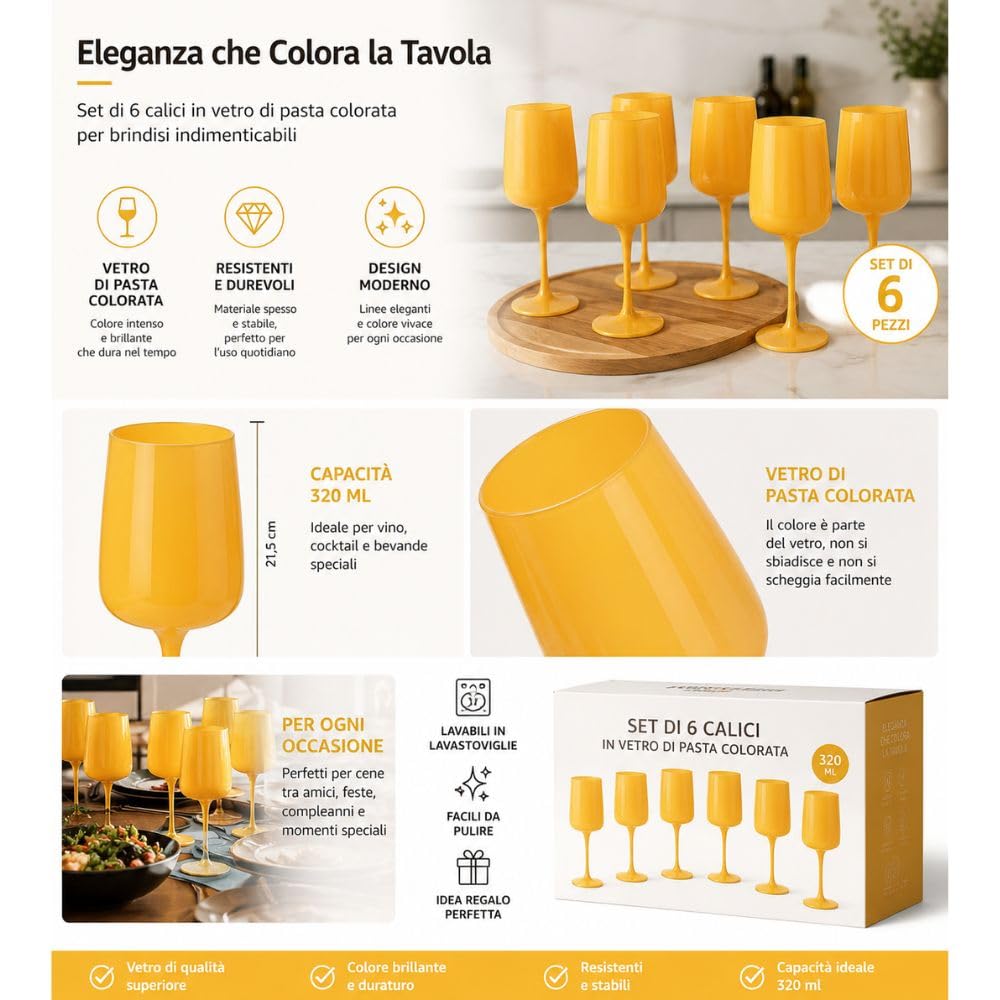 Cecaro Group Set 6 Calici Vetro Giallo 320 ml Pasta Vetro