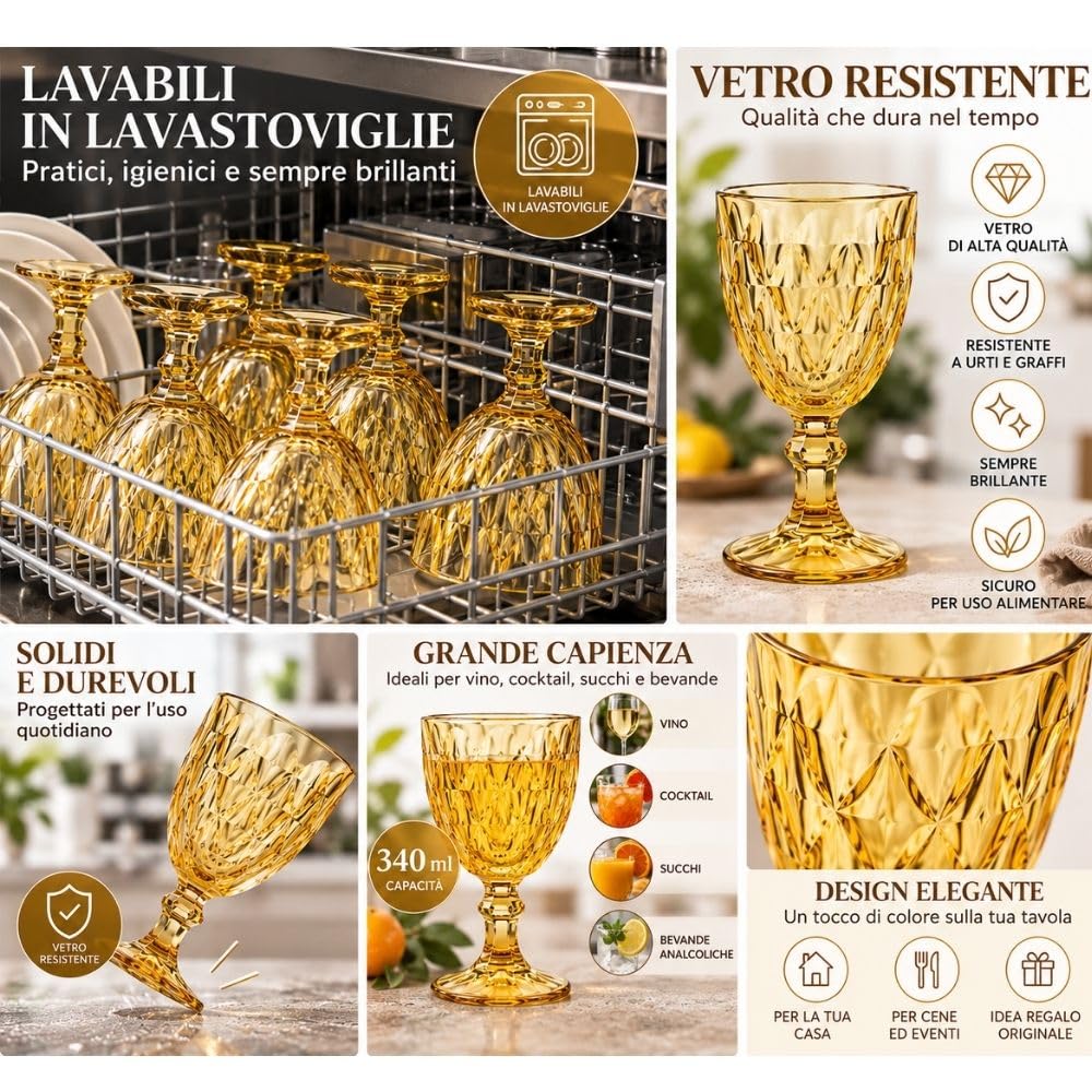 Cecaro Group Set 6 Calici Gialli 340 ml in vetro con gambo