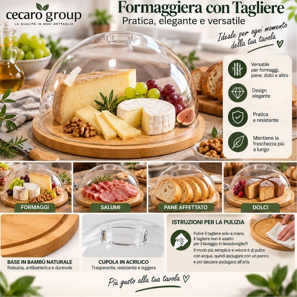 Cecaro Group formaggiera bambù 24 cm con cupola acrilico