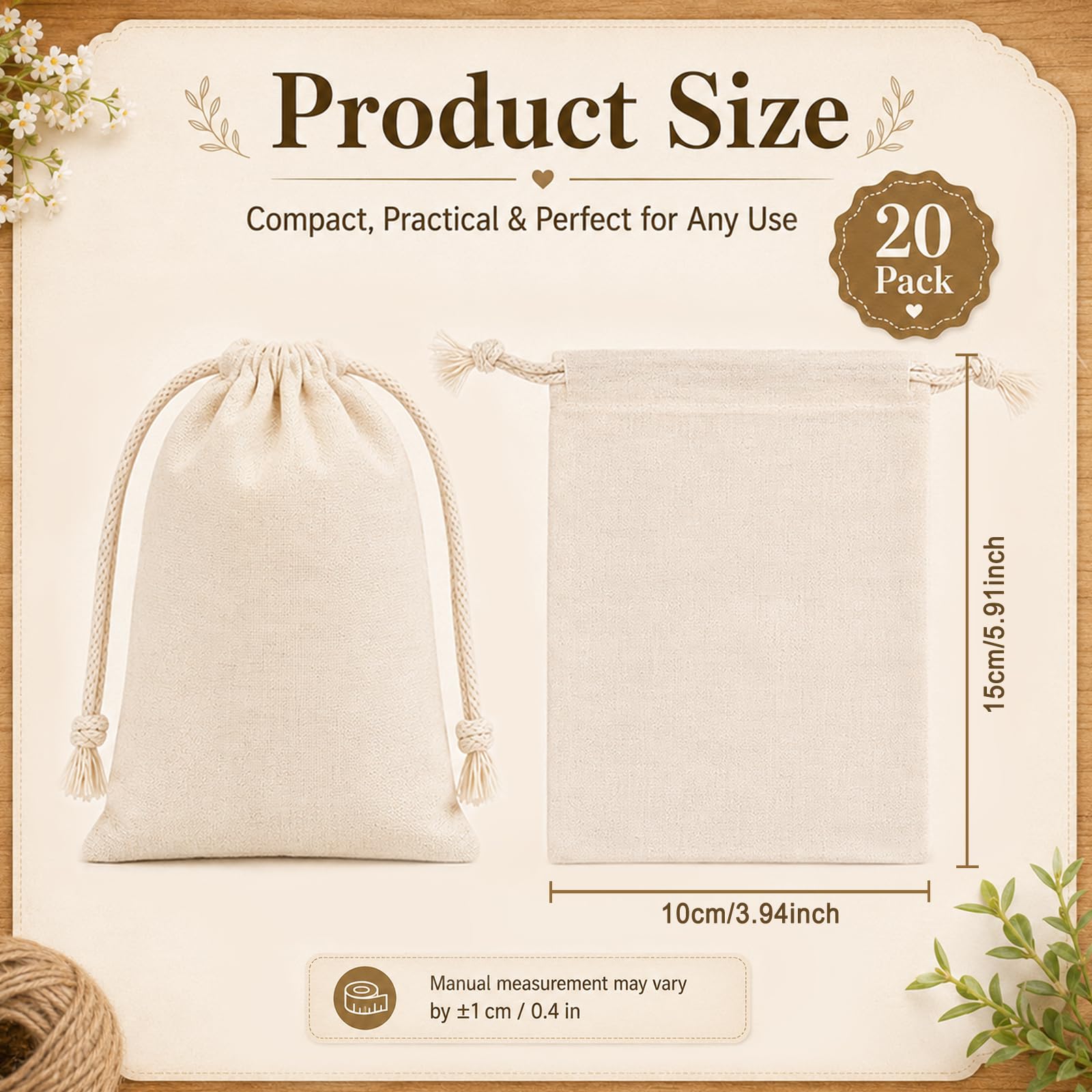 Quelcc sacchetto stoffa cotone 10x15cm 20 pezzi naturale