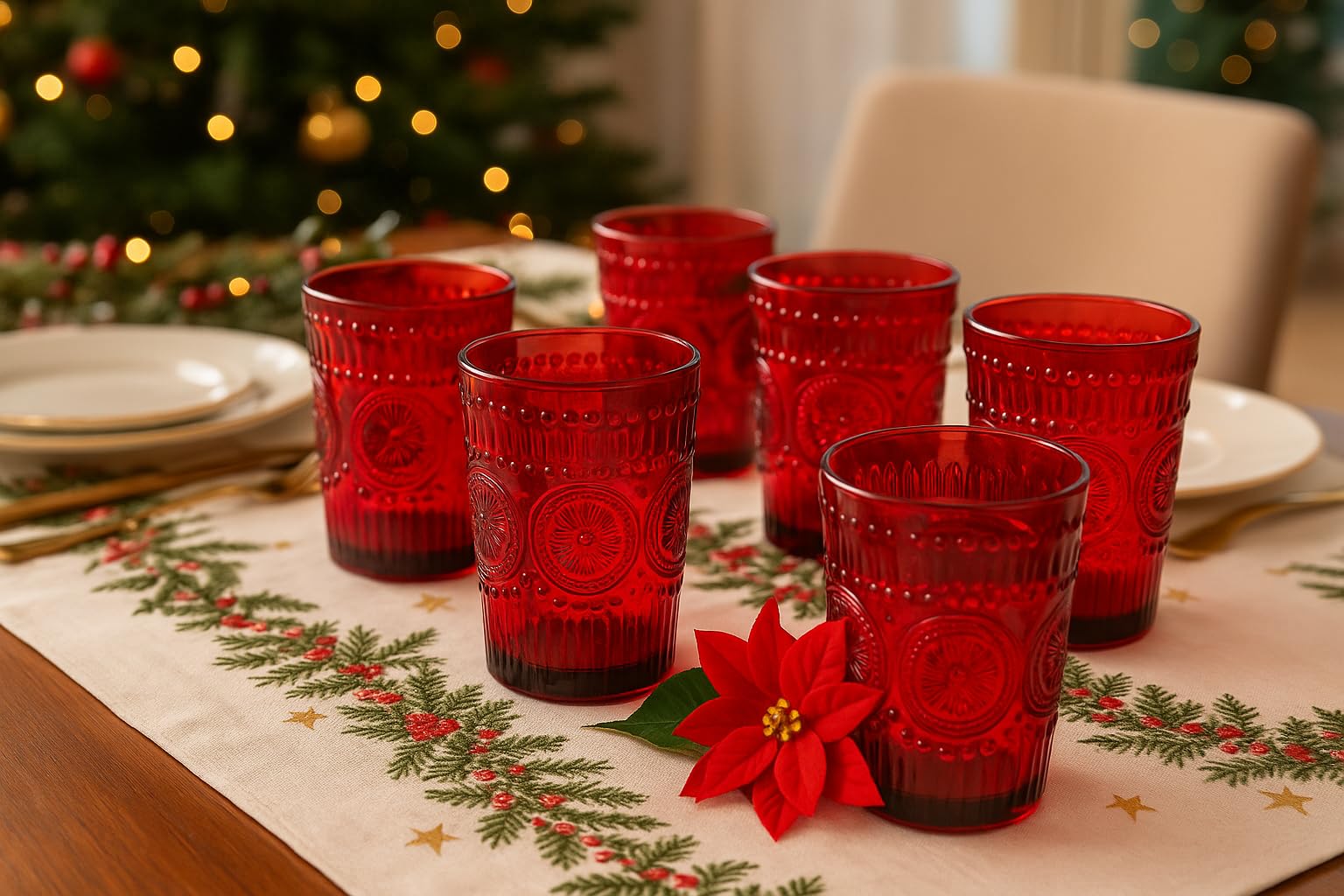 Cecaro Group Bicchieri Natale Vetro Rosso 6 Pezzi 280ml Rilievo