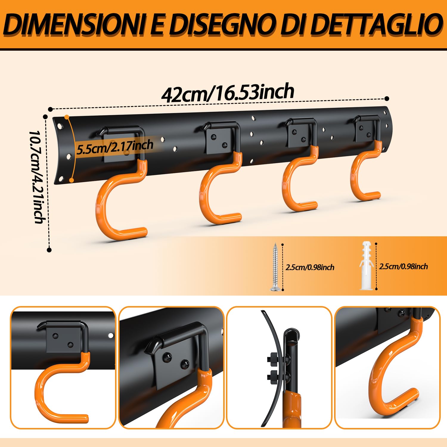 3-H porta attrezzi parete 4 pezzi 168 cm acciaio 16 ganci