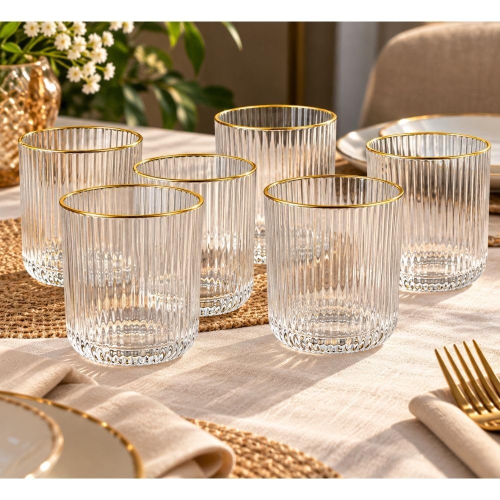 Cecaro Group Set 6 Bicchieri Bordo Oro 270 ml Vetro Rigato