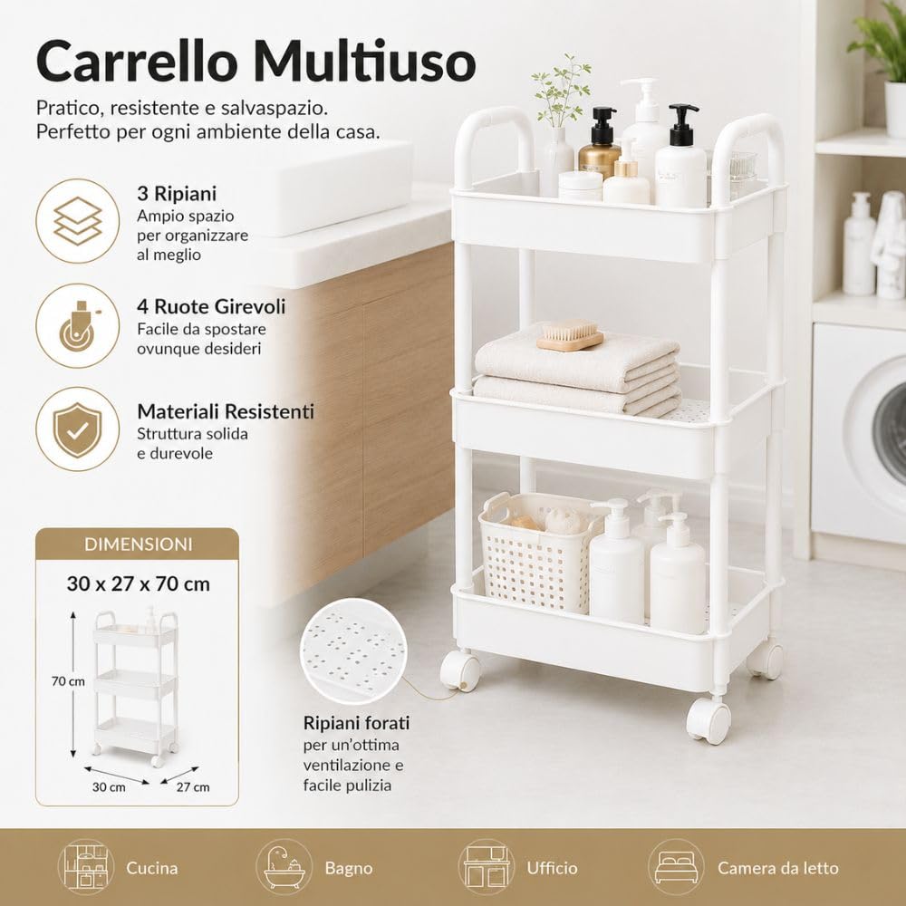 Cecaro Group carrello 3 ripiani con ruote nero bianco salvaspazio