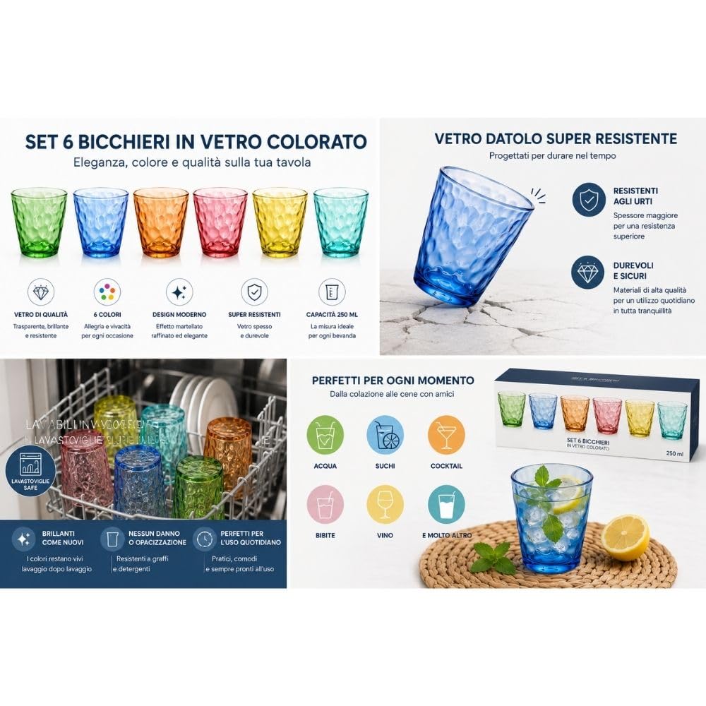 Cecaro Group Set 6 Bicchieri Vetro Colorato 250 ml Martellato